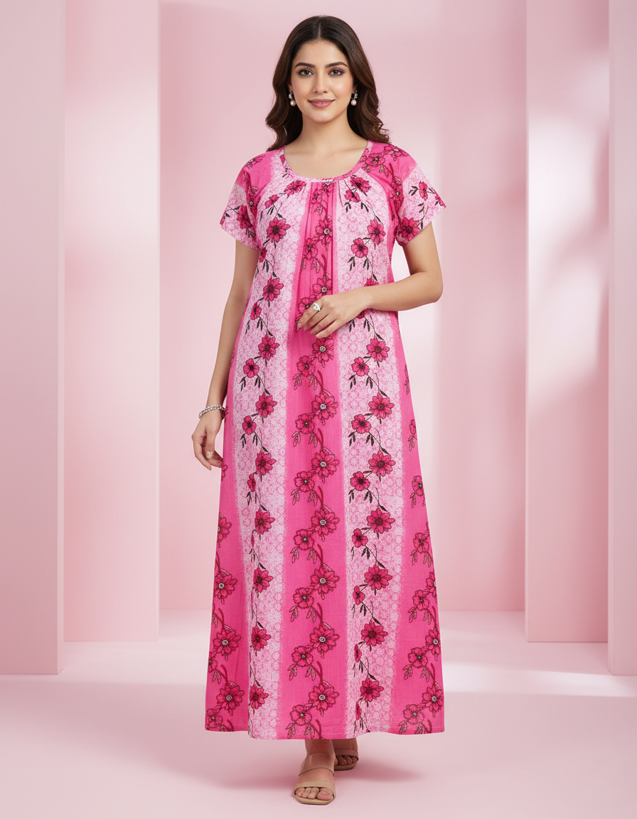 Pink Pure Cotton Nighty | Free Size | Limited Edition Design | Print 11