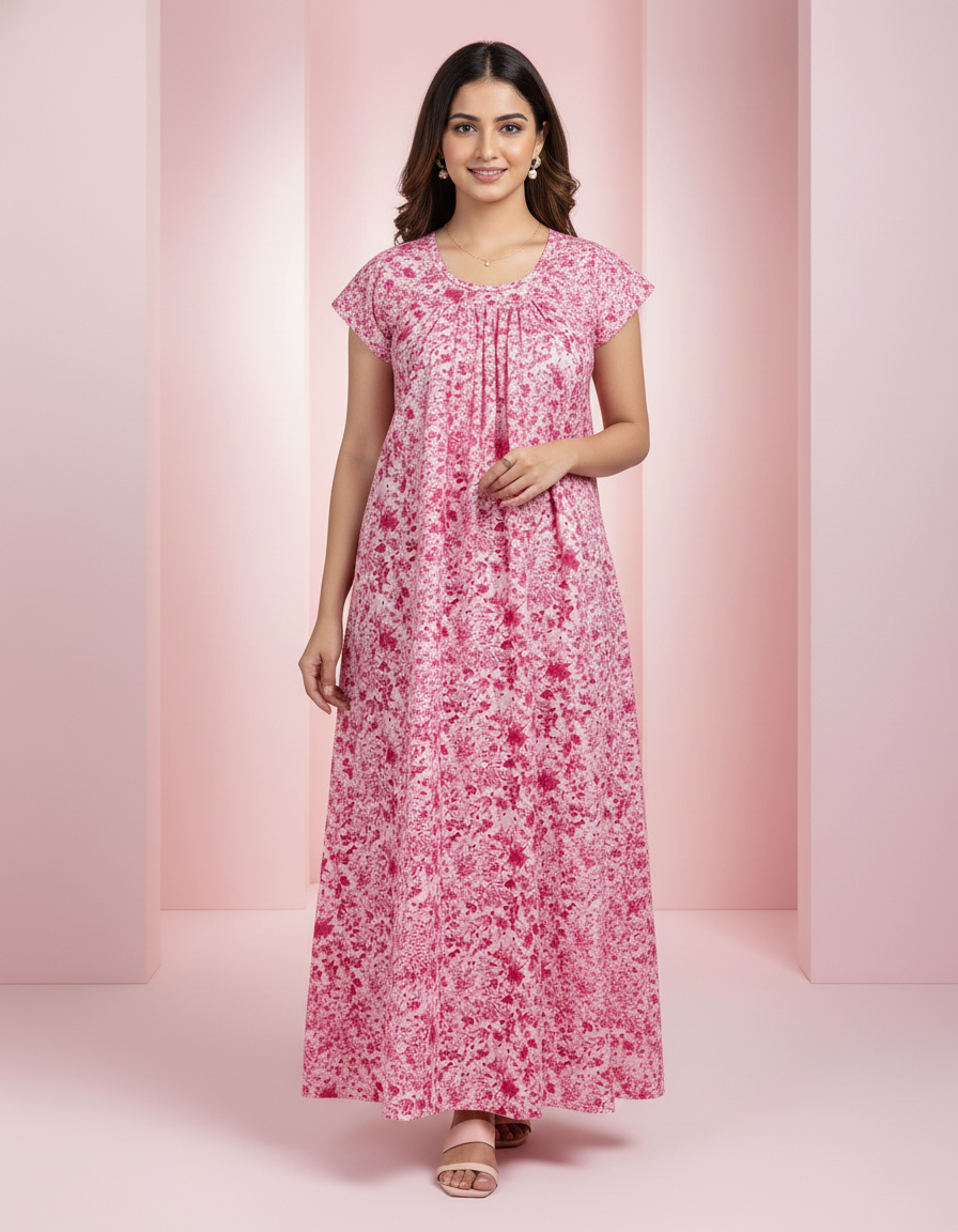 Pink Pure Cotton Nighty | Free Size | Limited Edition Design | Print 12