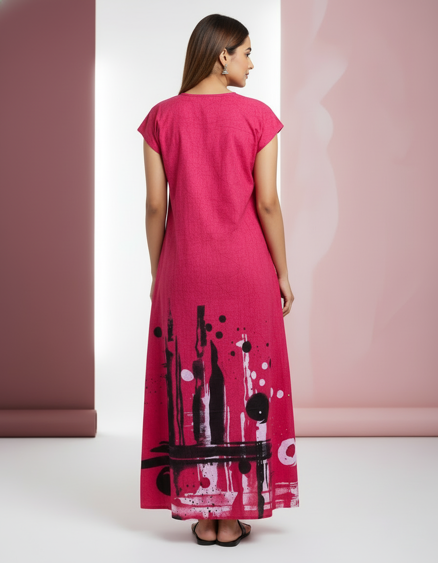 Pink Pure Cotton Nighty | Free Size | Limited Edition Design | Print 14