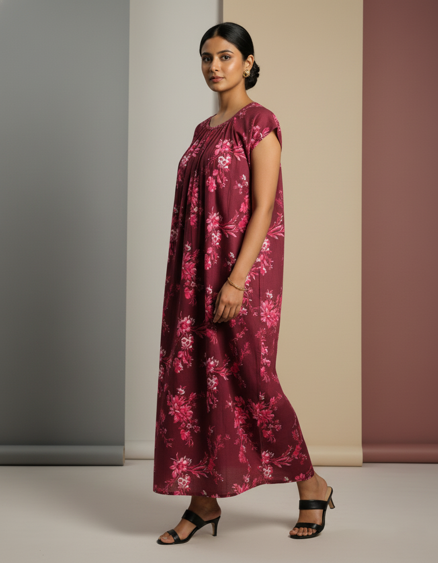Maroon Pure Cotton Nighty | Free Size | Limited Edition Design | Print 10