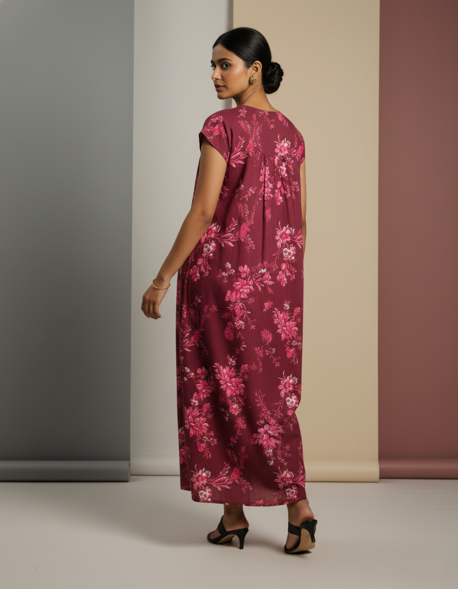 Maroon Pure Cotton Nighty | Free Size | Limited Edition Design | Print 10