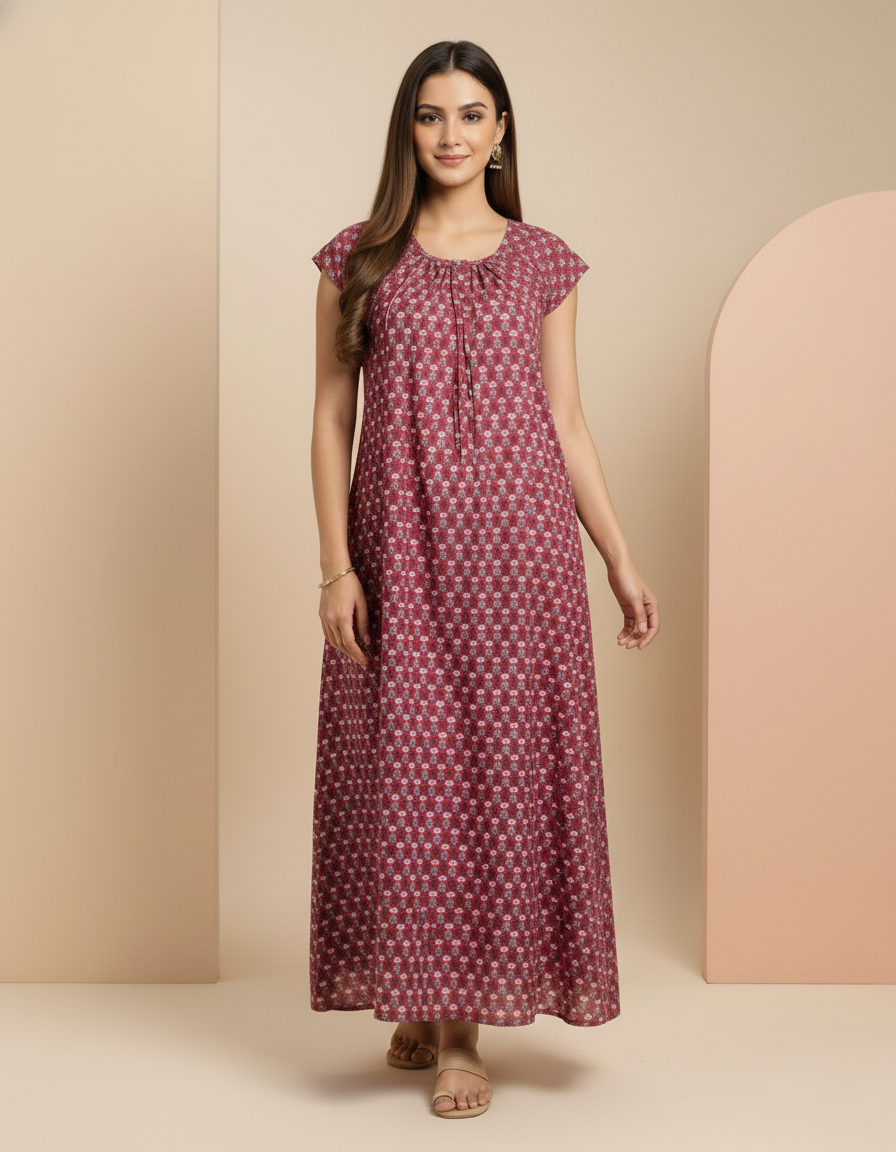 Maroon Pure Cotton Nighty | Free Size | Limited Edition Design | Print 4