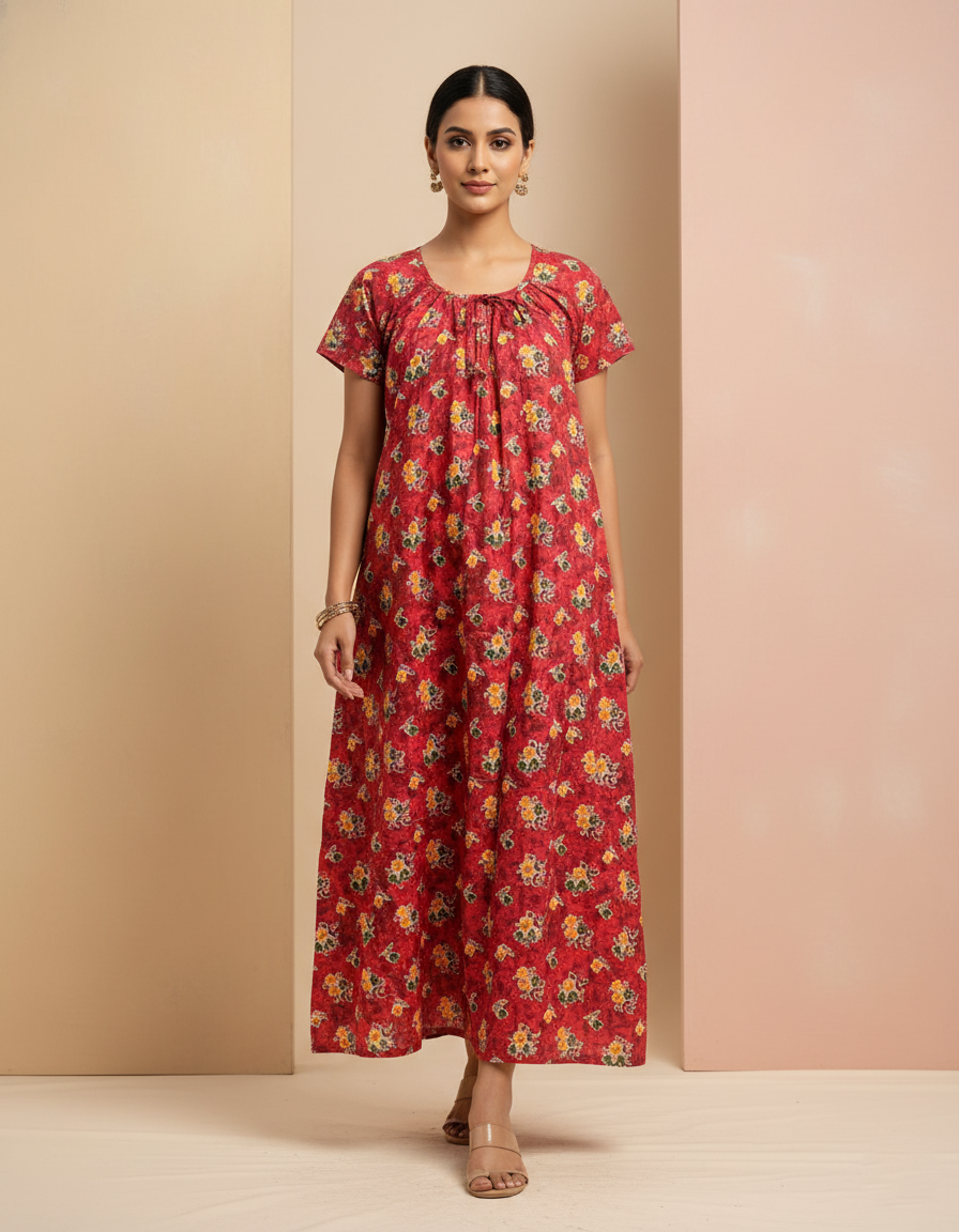 Red Pure Cotton Nighty | Free Size | Limited Edition Design | Print 9