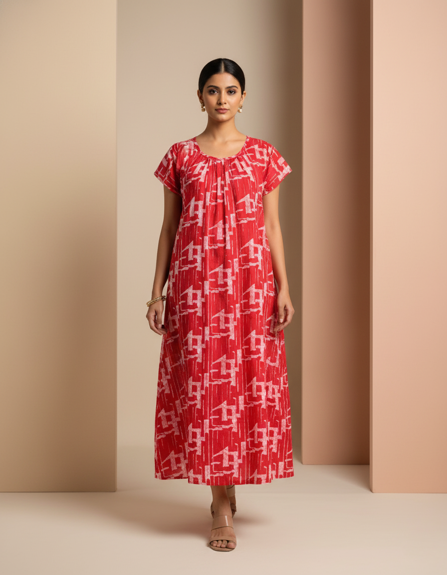 Red Pure Cotton Nighty | Free Size | Limited Edition Design | Print 10
