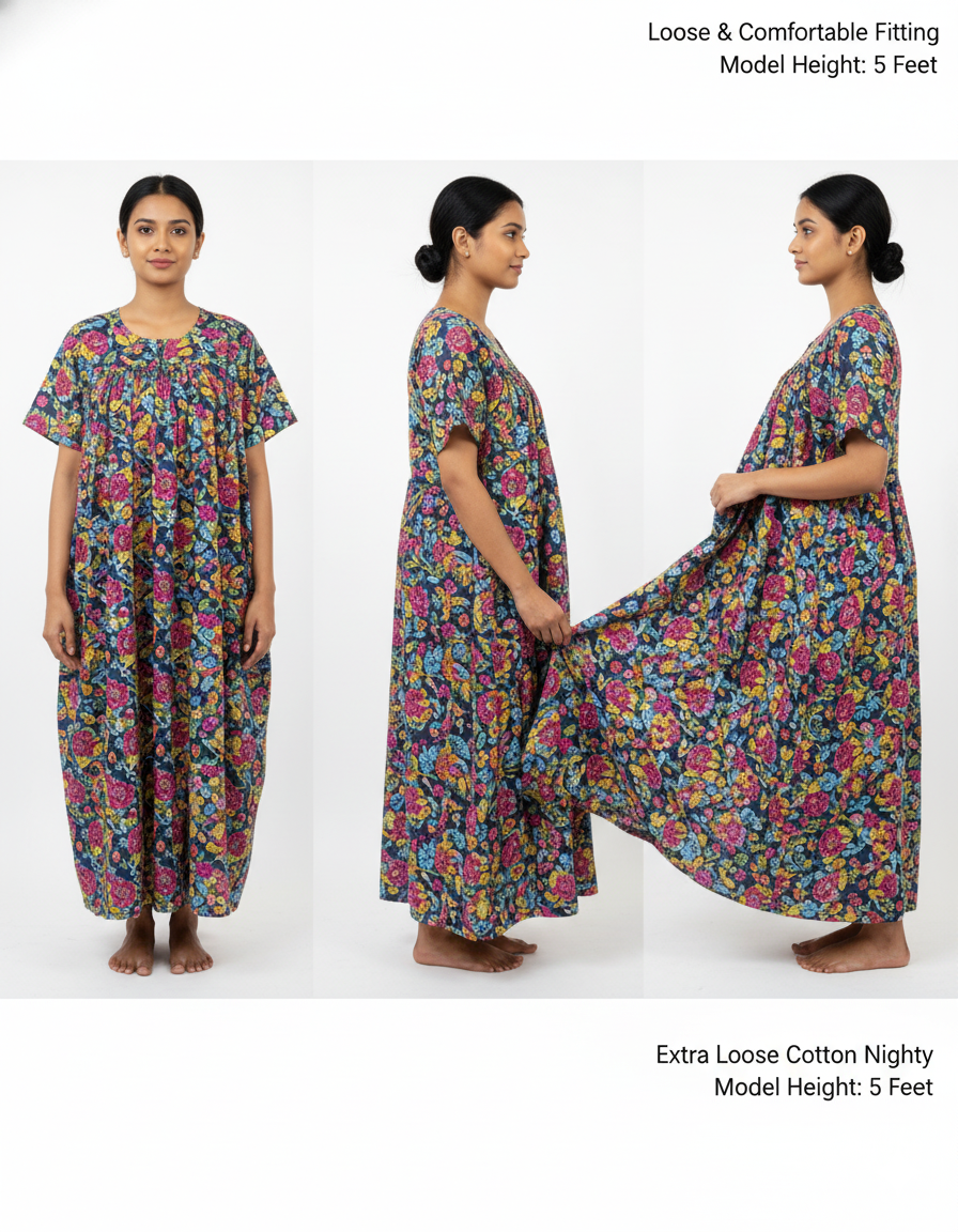 Daily Comfort Ankle-Length Cotton Nighty – Pink Floral Print 1