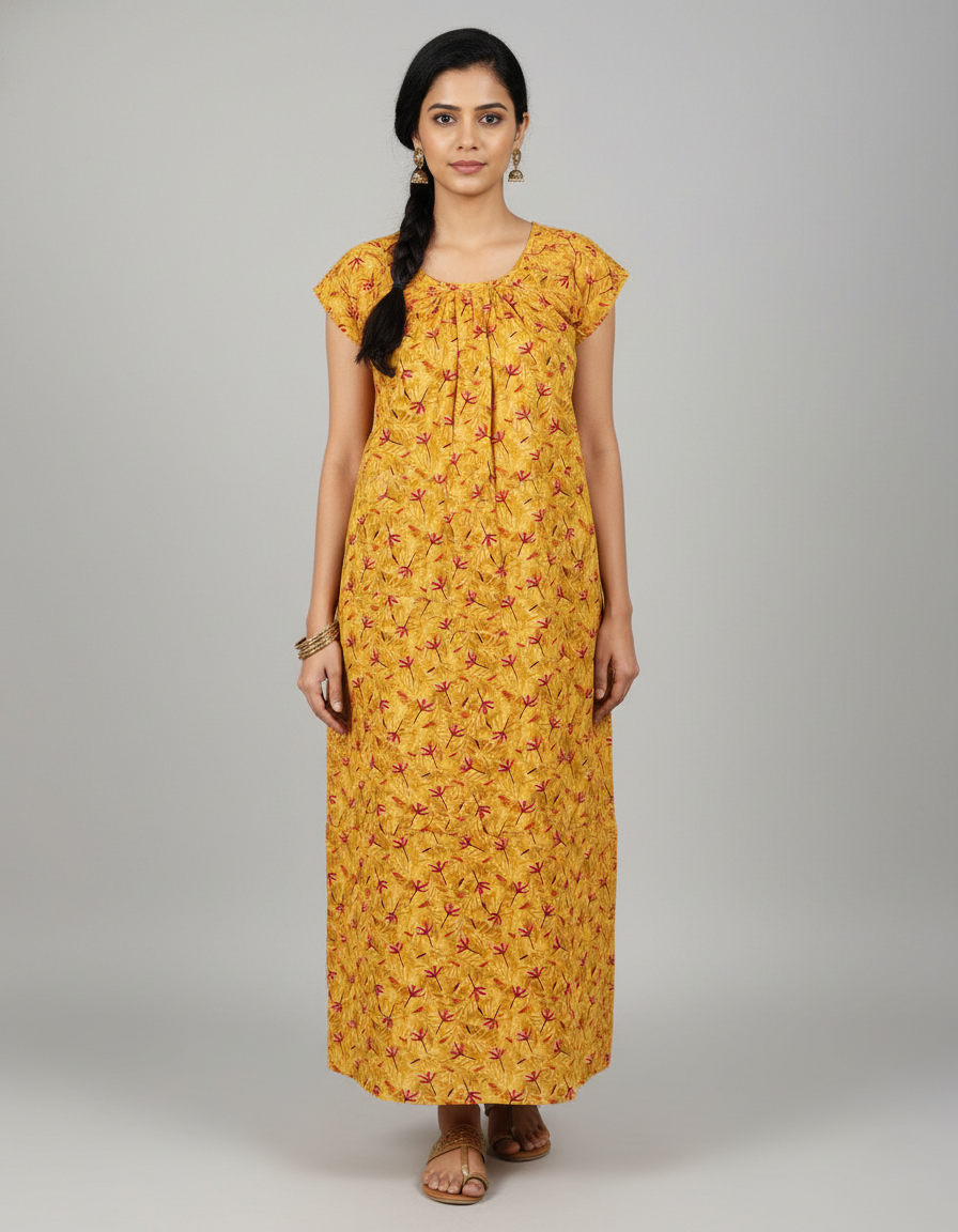 Daily Comfort Ankle-Length Cotton Nighty – Yellow Floral Print 3