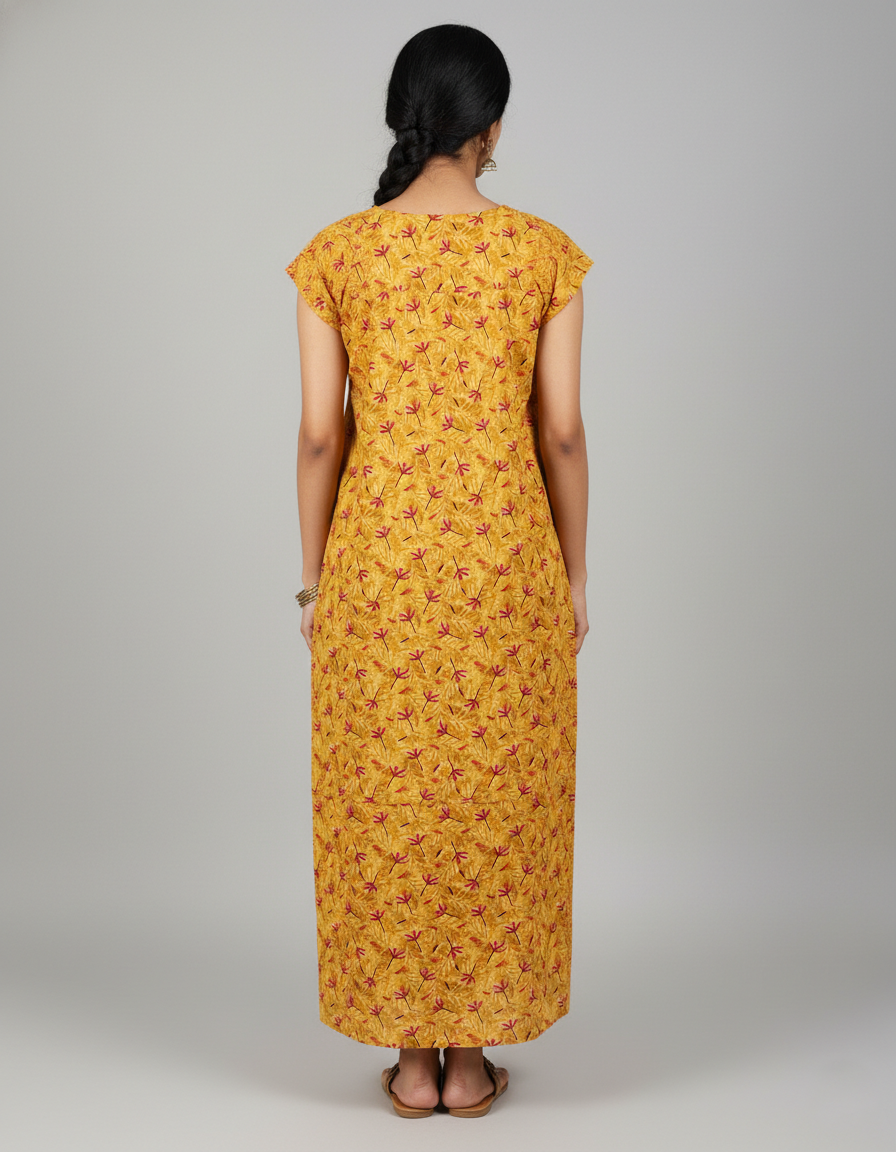 Daily Comfort Ankle-Length Cotton Nighty – Yellow Floral Print 3
