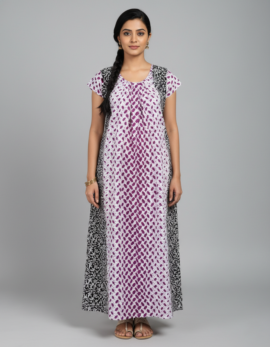 Daily Comfort Ankle-Length Cotton Nighty – Purple Floral Print 2