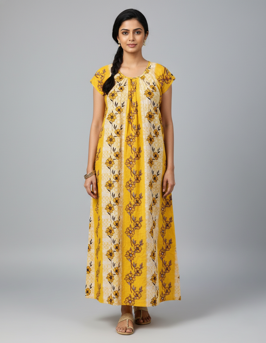 Daily Comfort Ankle-Length Cotton Nighty – Yellow Floral Print 4