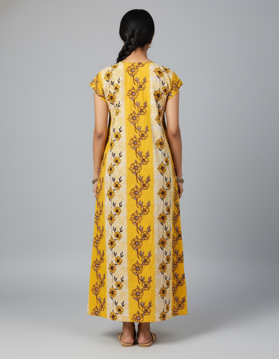 Daily Comfort Ankle-Length Cotton Nighty – Yellow Floral Print 4