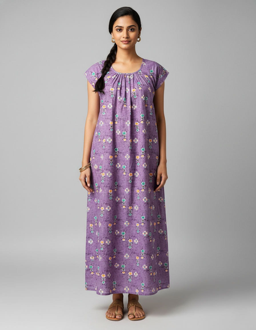 Daily Comfort Ankle-Length Cotton Nighty – Purple Floral Print 3