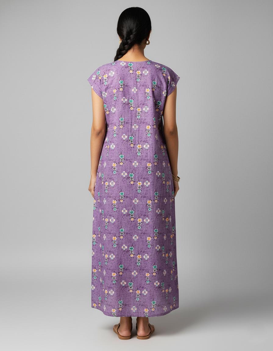 Daily Comfort Ankle-Length Cotton Nighty – Purple Floral Print 3