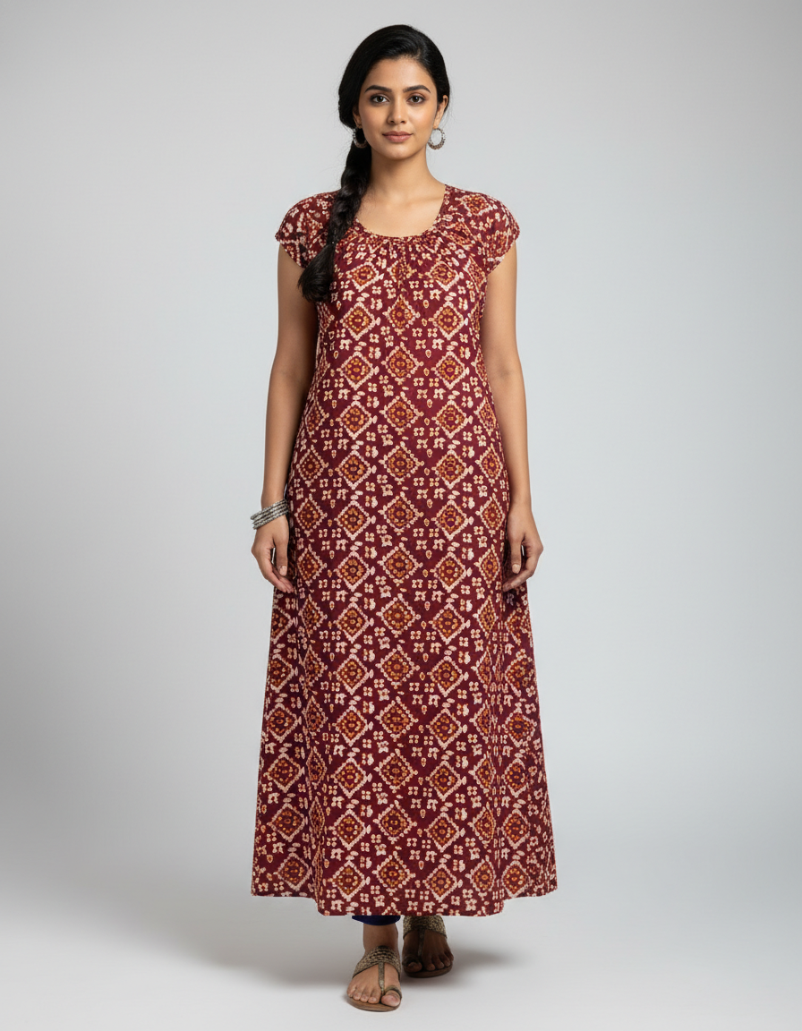 Daily Comfort Ankle-Length Cotton Nighty – Maroon Floral Print 2