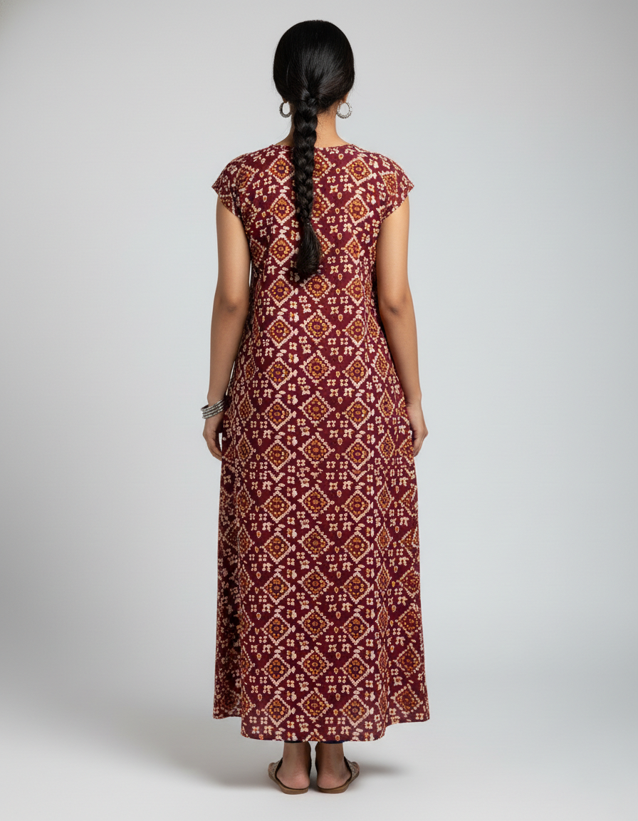 Daily Comfort Ankle-Length Cotton Nighty – Maroon Floral Print 2