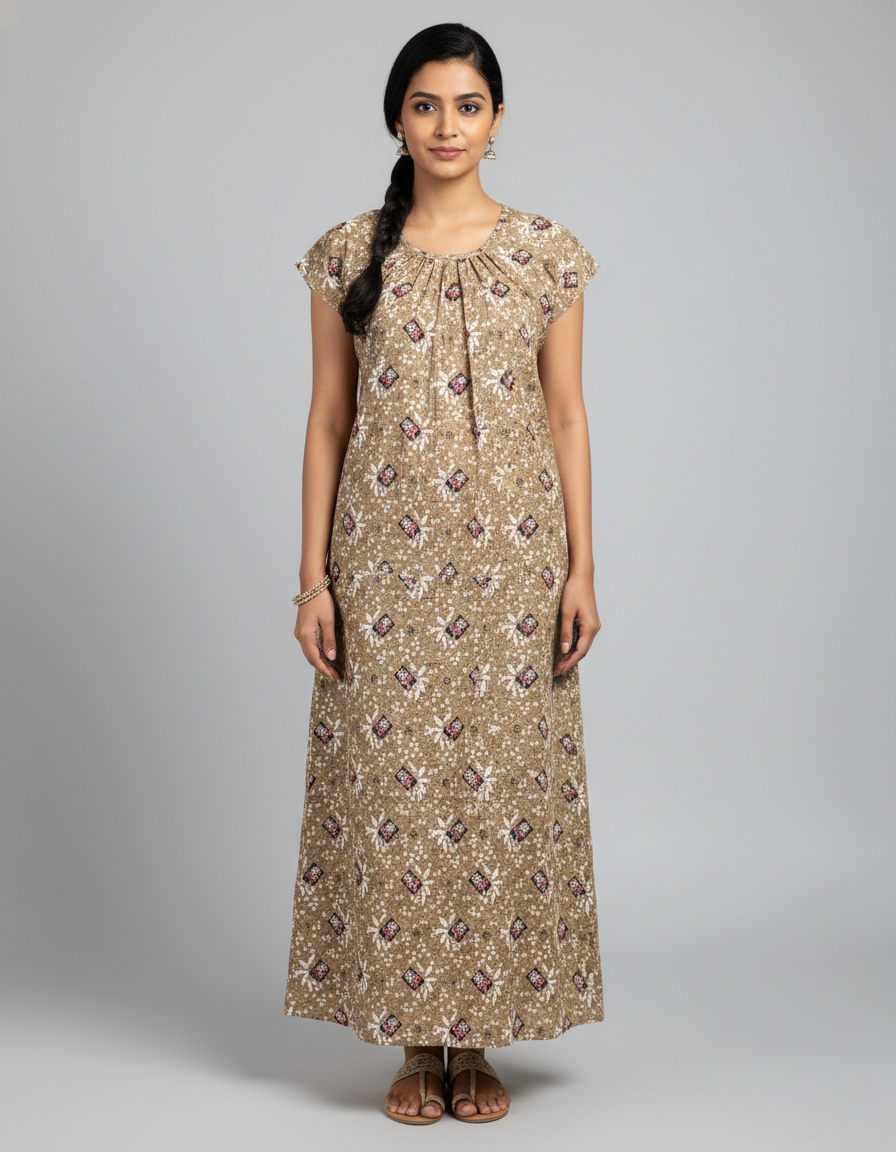 Daily Comfort Ankle-Length Cotton Nighty – Brown Floral Print 2