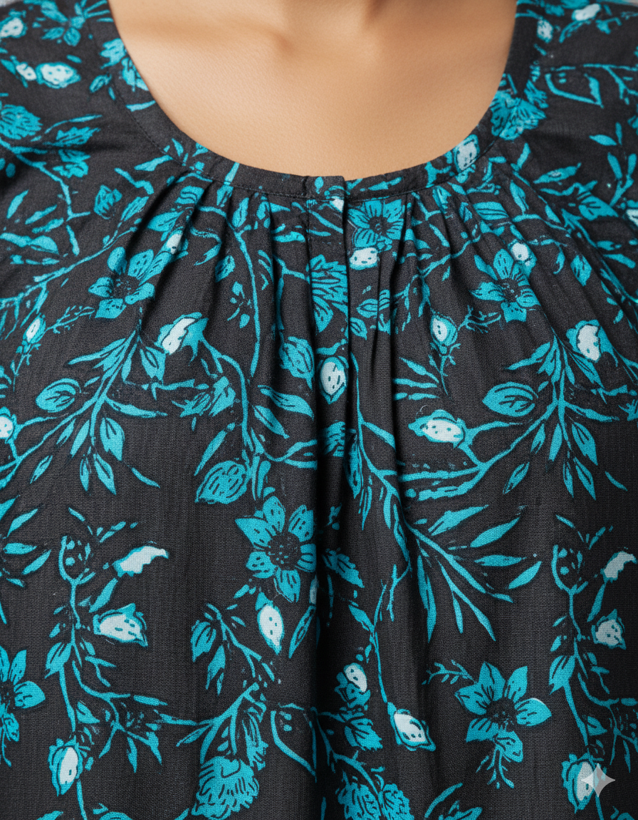 Daily Comfort Ankle-Length Cotton Nighty – Blue Floral Print 3