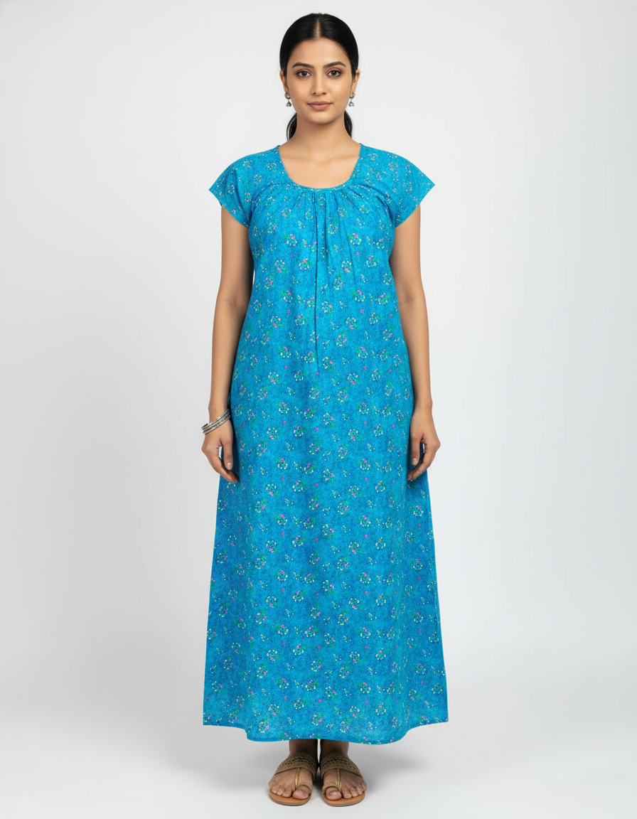 Daily Comfort Ankle-Length Cotton Nighty – Sky Blue Floral Print 2