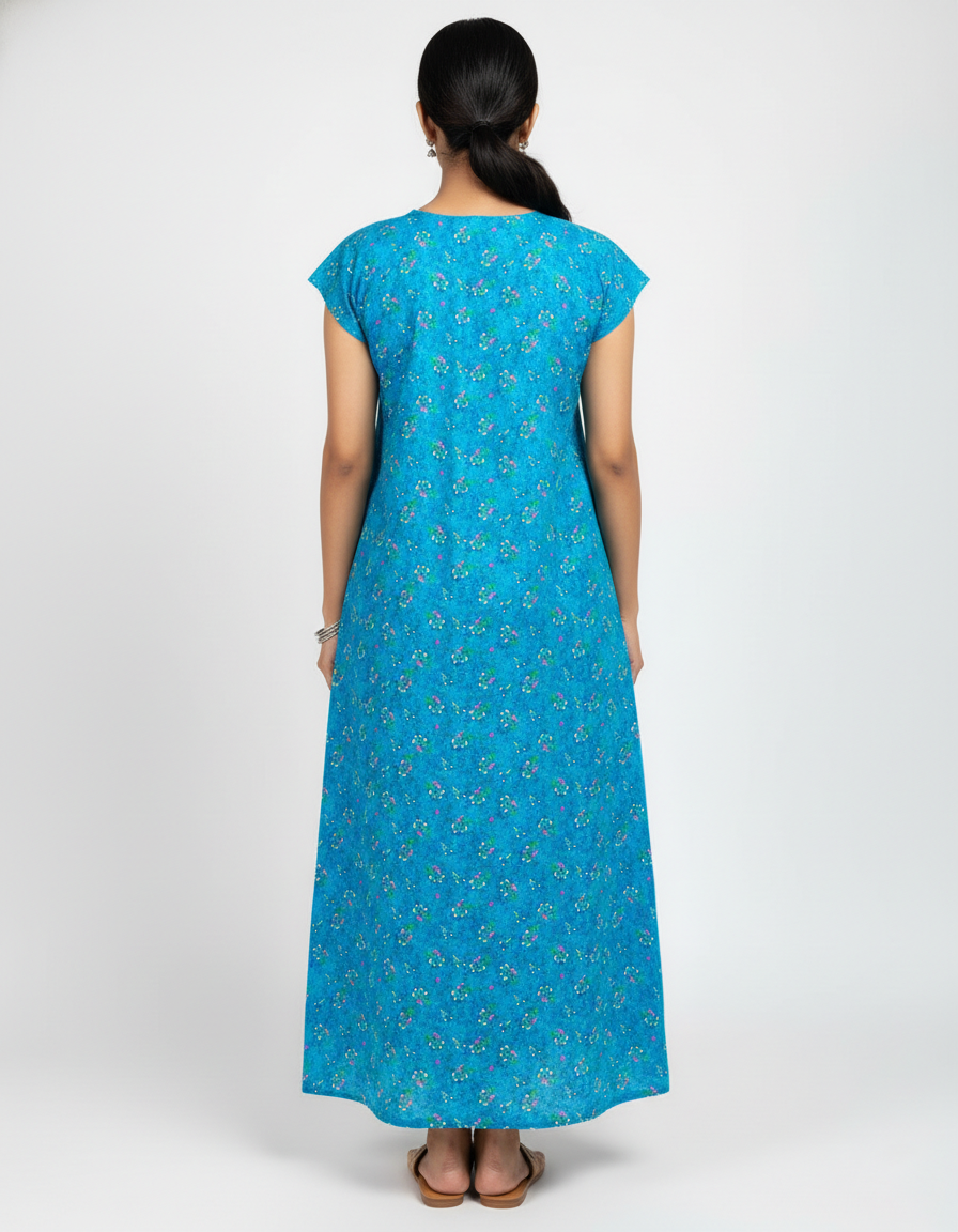 Daily Comfort Ankle-Length Cotton Nighty – Sky Blue Floral Print 2