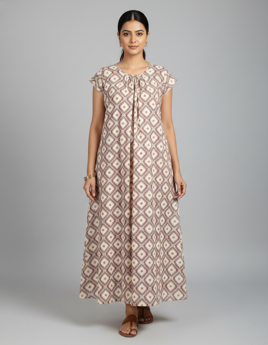 Daily Comfort Ankle-Length Cotton Nighty – Grey Floral Print 1