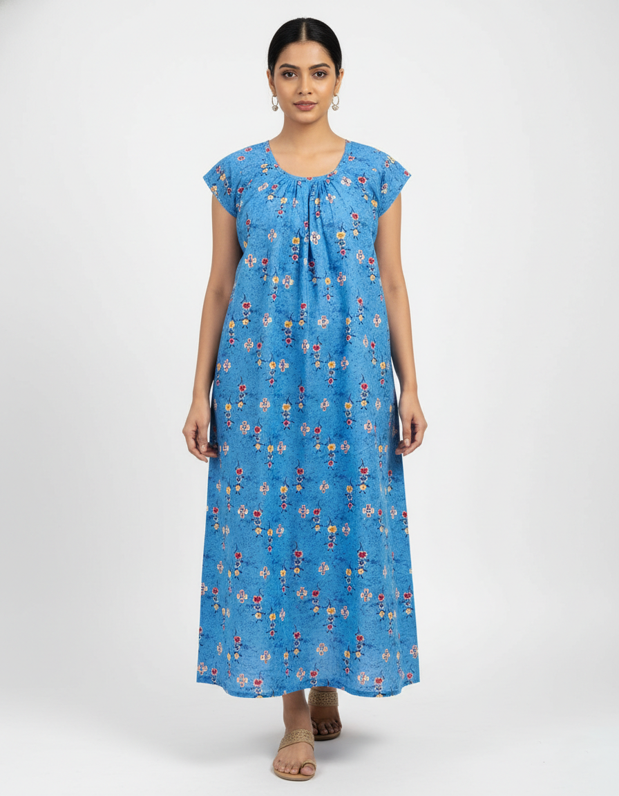 Daily Comfort Ankle-Length Cotton Nighty – Sky Blue Floral Print 3
