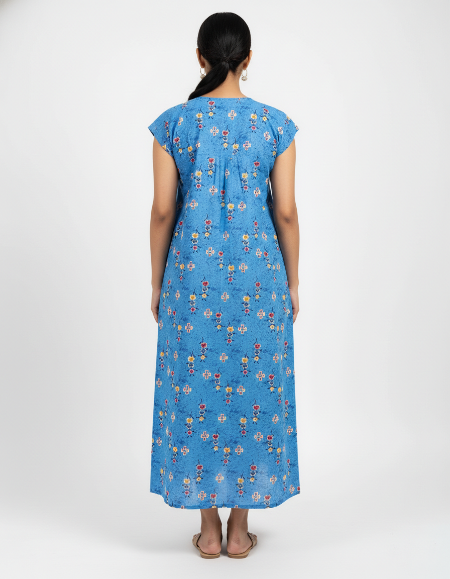 Daily Comfort Ankle-Length Cotton Nighty – Sky Blue Floral Print 3