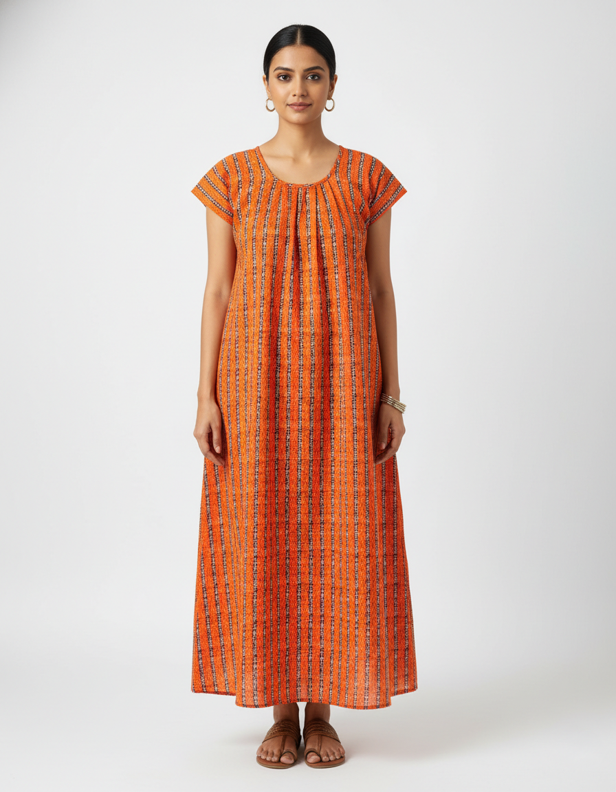 Daily Comfort Ankle-Length Cotton Nighty – Orange Floral Print 4