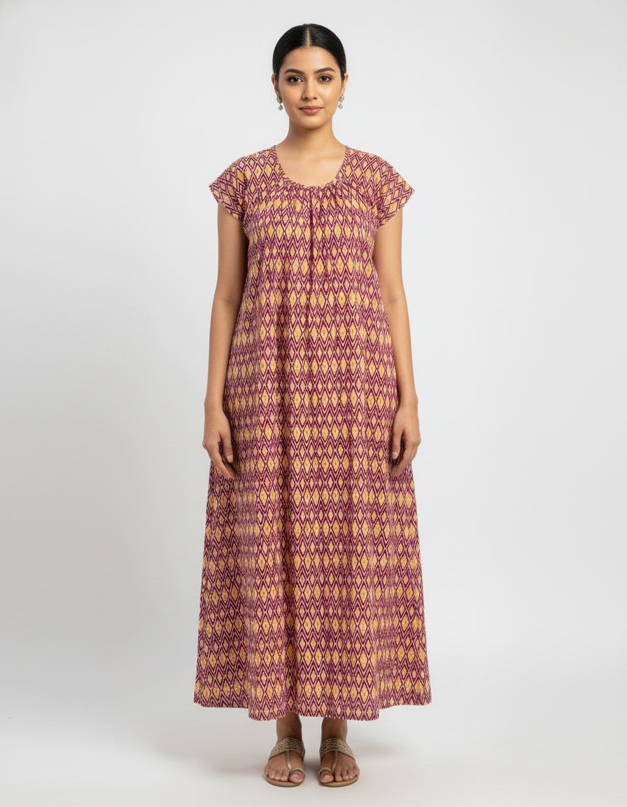 Daily Comfort Ankle-Length Cotton Nighty – Maroon Floral Print 3