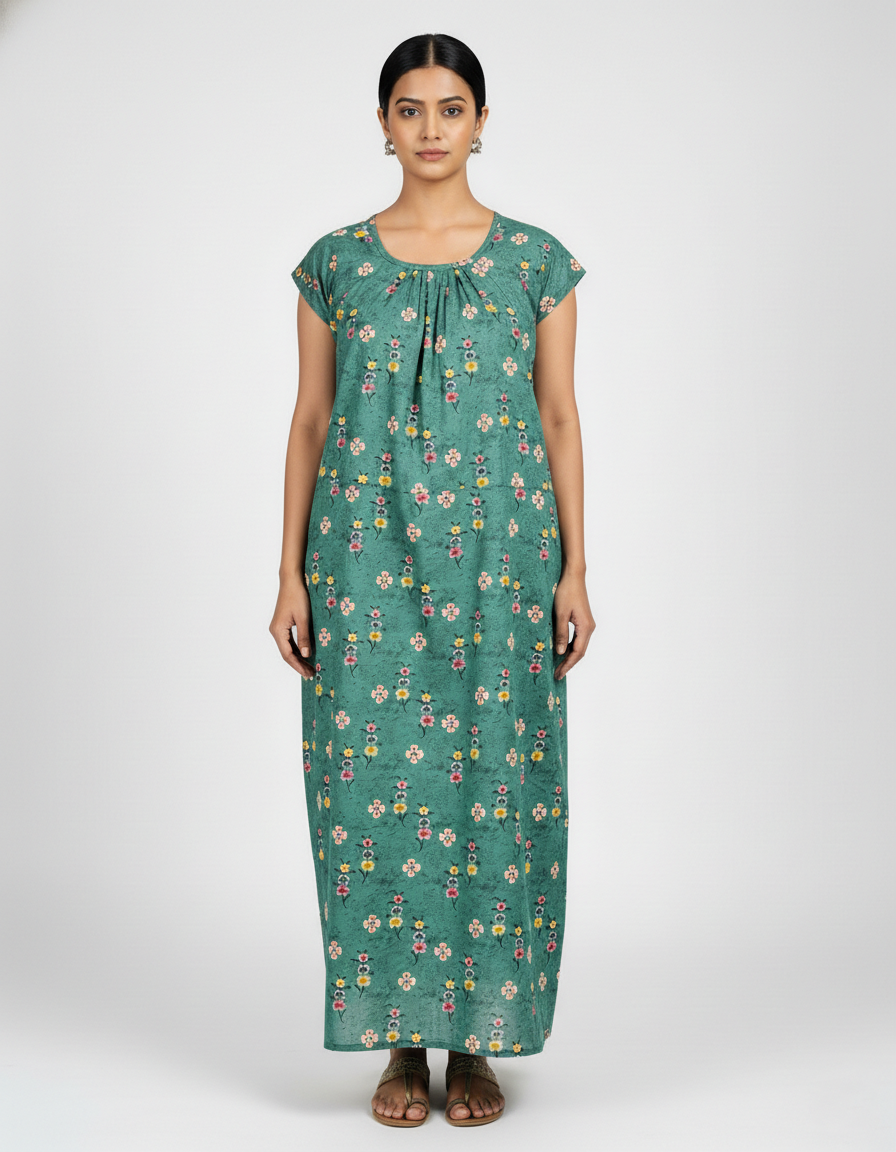 Daily Comfort Ankle-Length Cotton Nighty – Green Floral Print 3