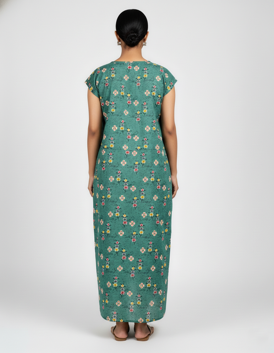 Daily Comfort Ankle-Length Cotton Nighty – Green Floral Print 3