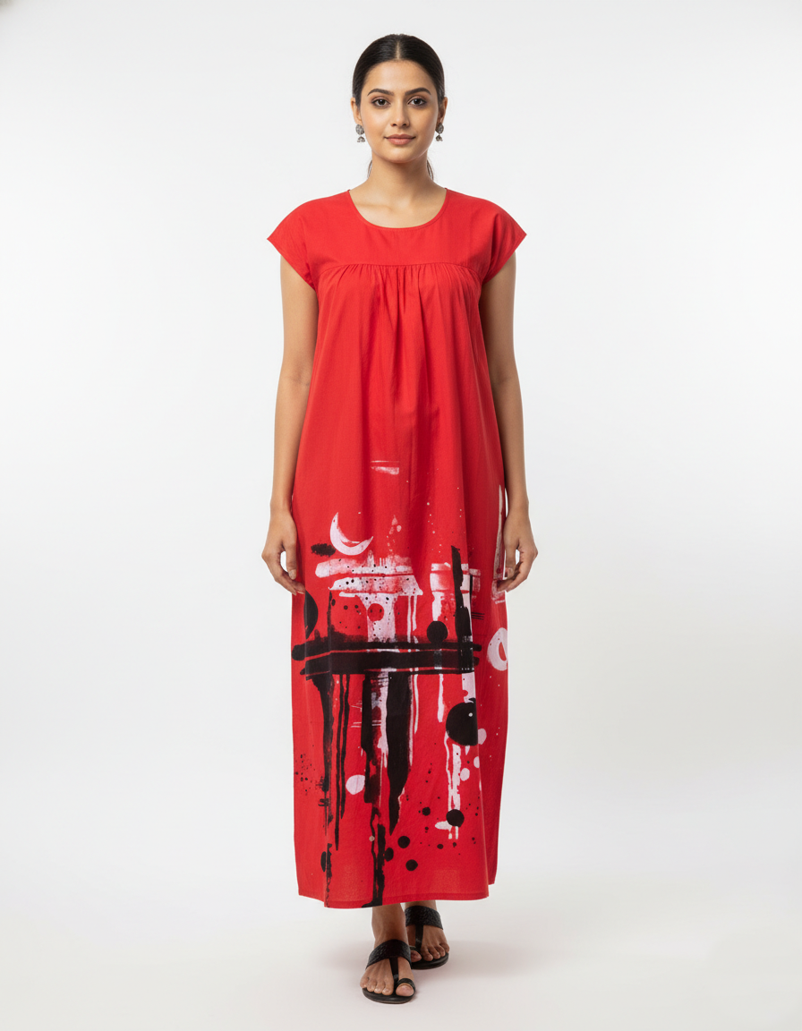 Daily Comfort Ankle-Length Cotton Nighty – Red Floral Print 16
