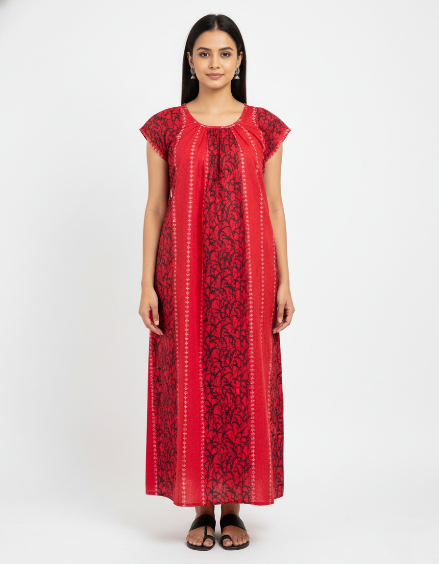 Daily Comfort Ankle-Length Cotton Nighty – Red Floral Print 17