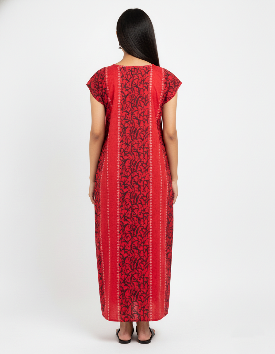 Daily Comfort Ankle-Length Cotton Nighty – Red Floral Print 17