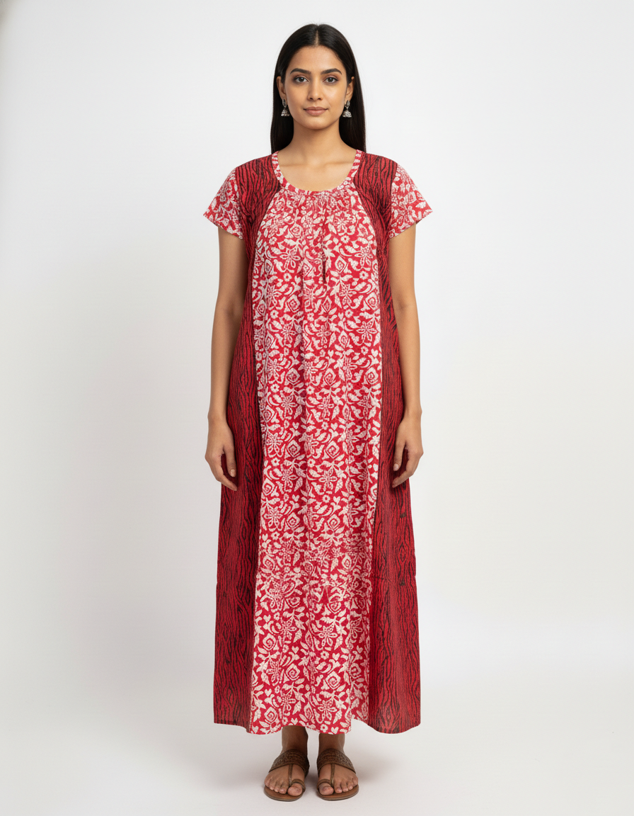 Daily Comfort Ankle-Length Cotton Nighty – Red Floral Print 18