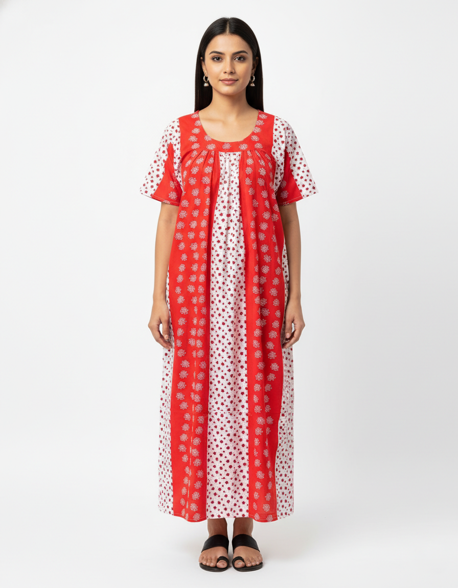 Daily Comfort Ankle-Length Cotton Nighty – Red Floral Print 20