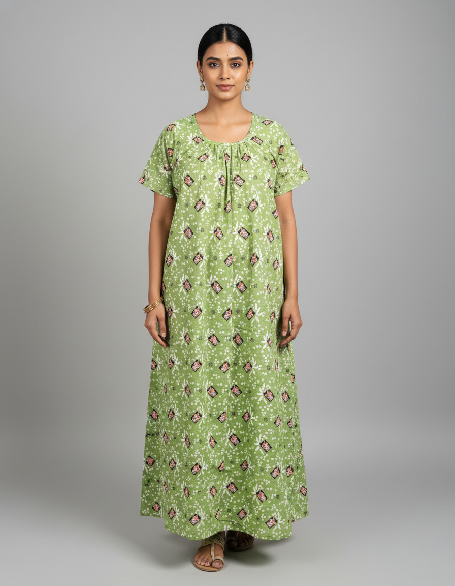 Daily Comfort Ankle-Length Cotton Nighty – Green Floral Print 4
