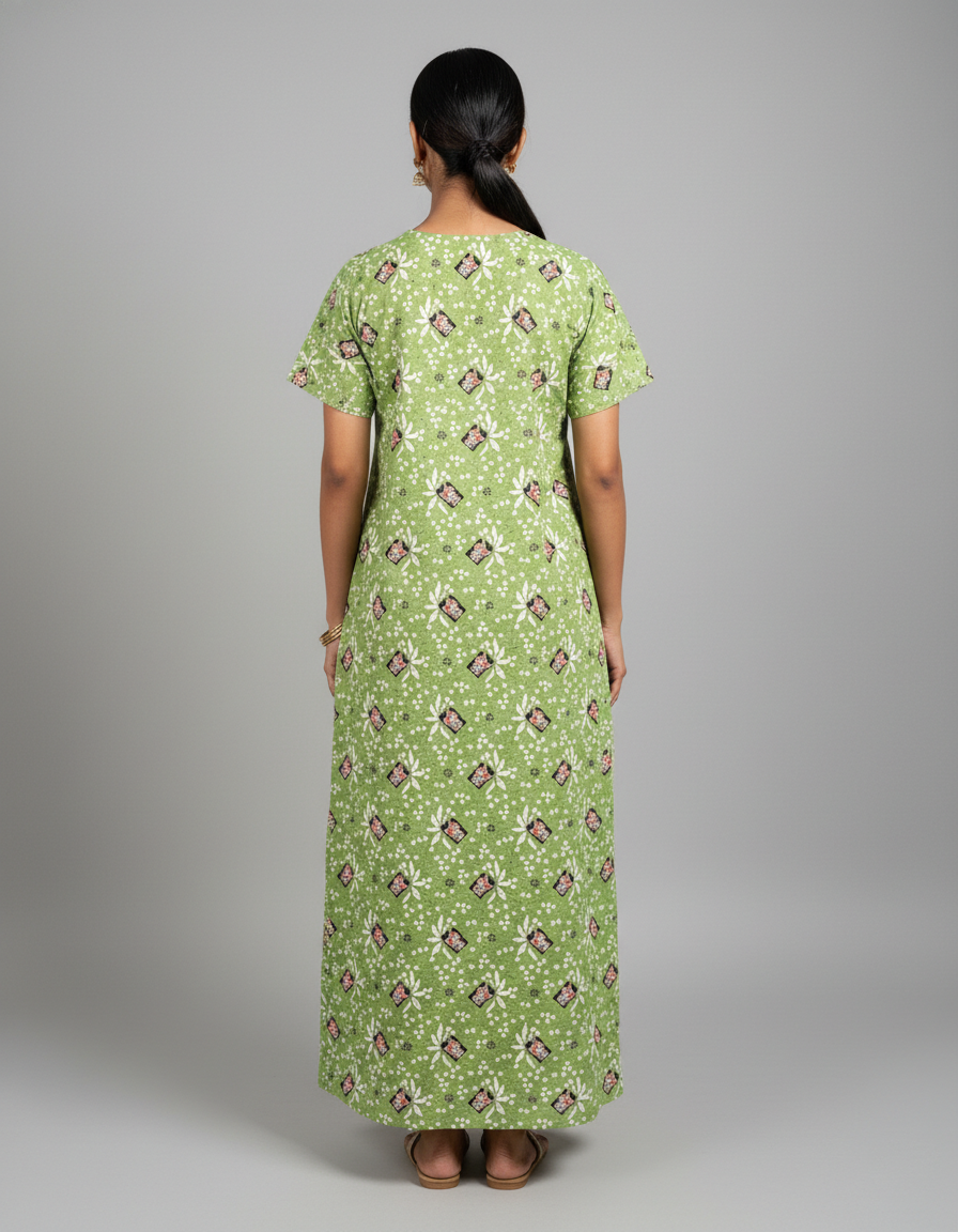 Daily Comfort Ankle-Length Cotton Nighty – Green Floral Print 4