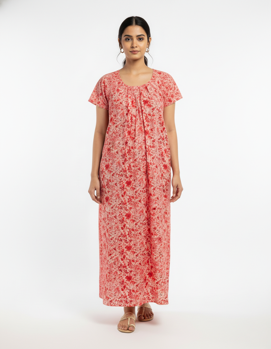 Daily Comfort Ankle-Length Cotton Nighty – Red Floral Print 21