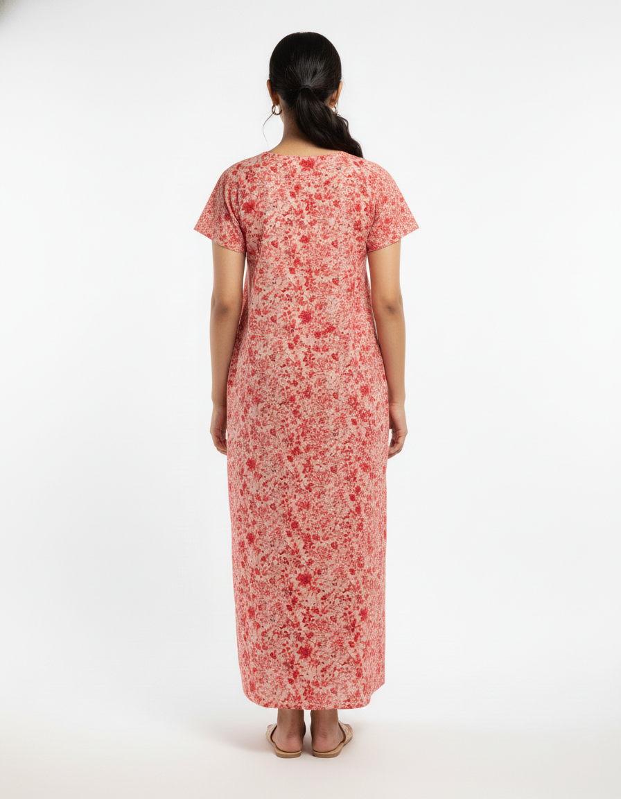 Daily Comfort Ankle-Length Cotton Nighty – Red Floral Print 21