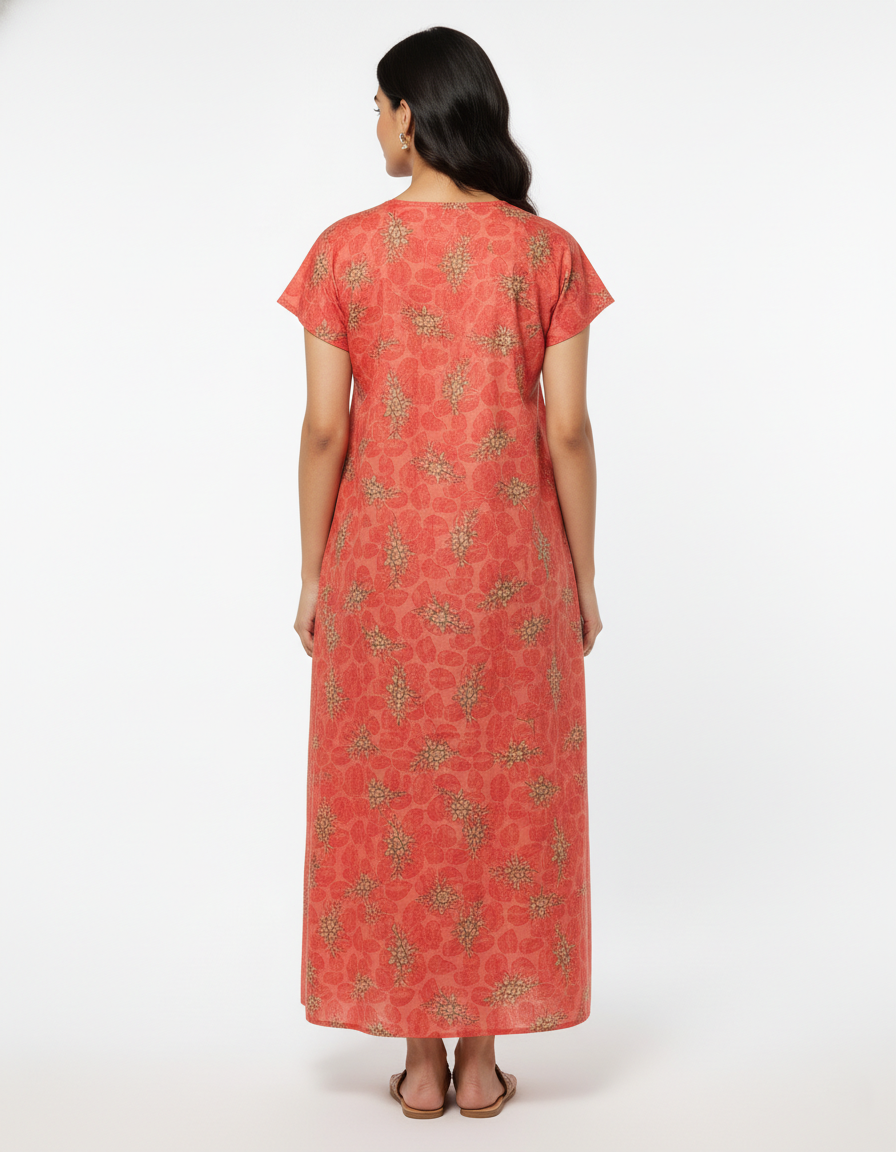 Daily Comfort Ankle-Length Cotton Nighty – Red Floral Print 22