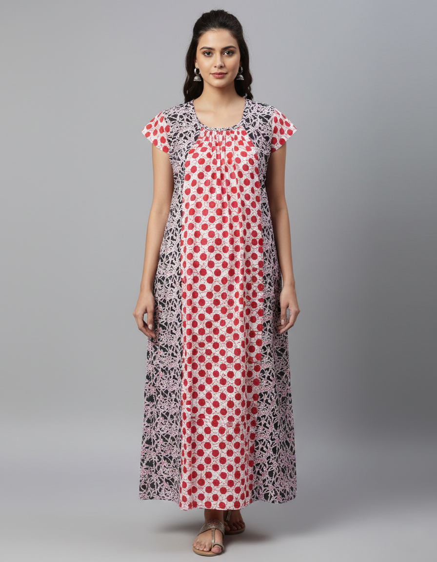 Daily Comfort Ankle-Length Cotton Nighty – Red Floral Print 31