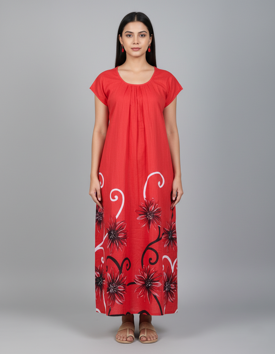 Daily Comfort Ankle-Length Cotton Nighty – Red Floral Print 32