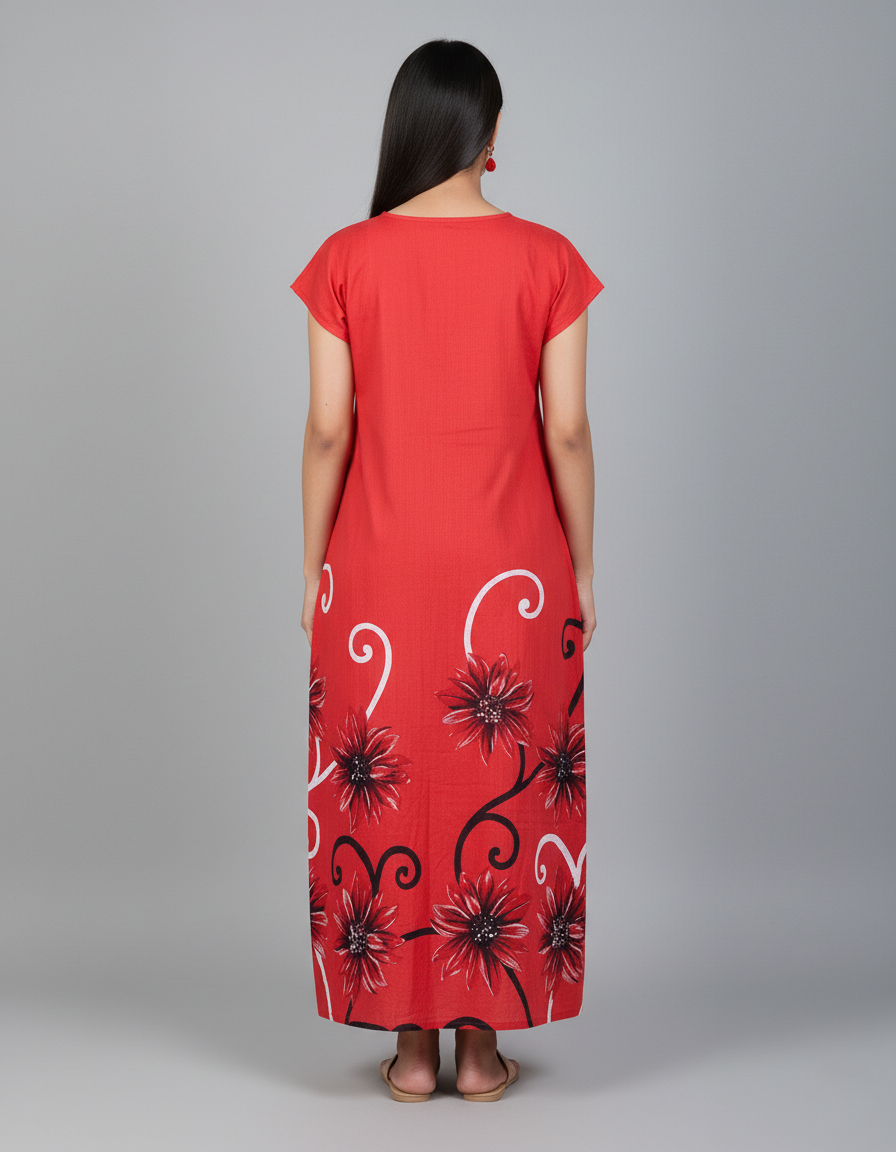Daily Comfort Ankle-Length Cotton Nighty – Red Floral Print 32