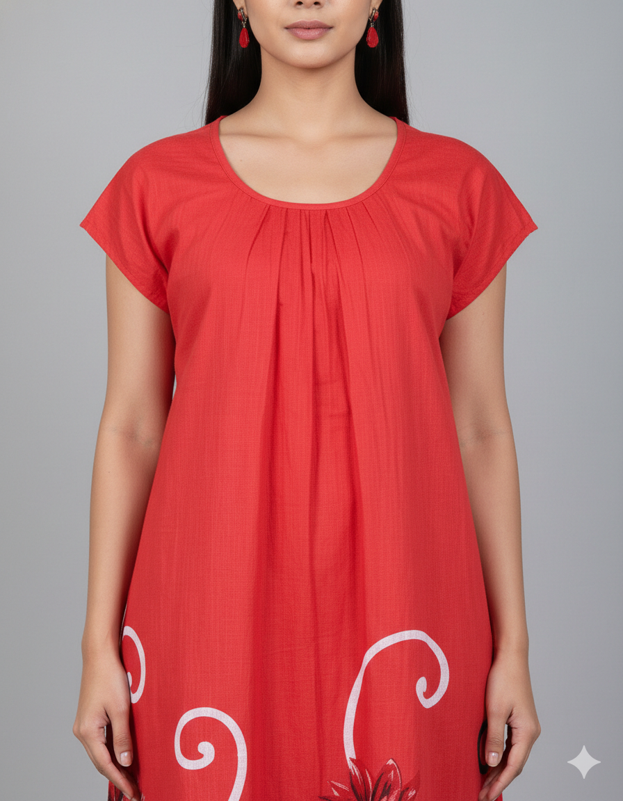 Daily Comfort Ankle-Length Cotton Nighty – Red Floral Print 32