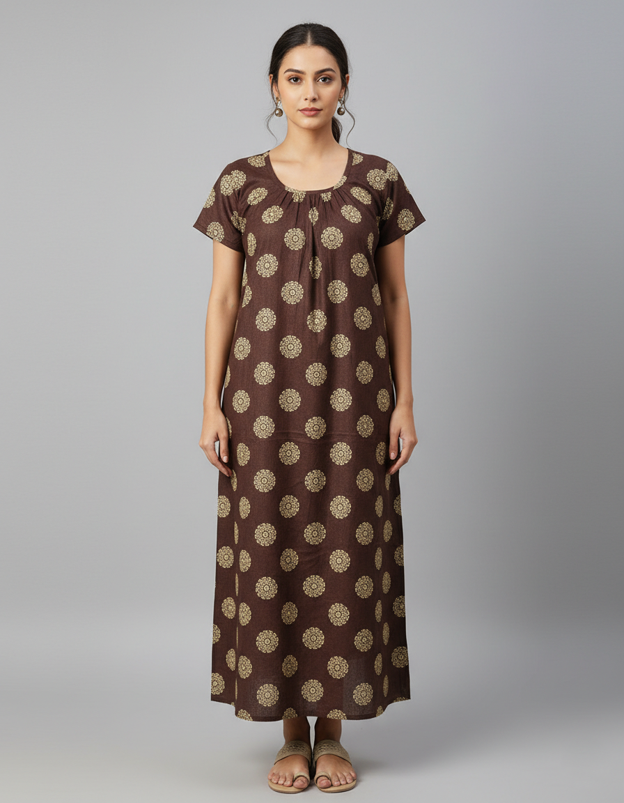 Daily Comfort Ankle-Length Cotton Nighty – Brown Floral Print 3