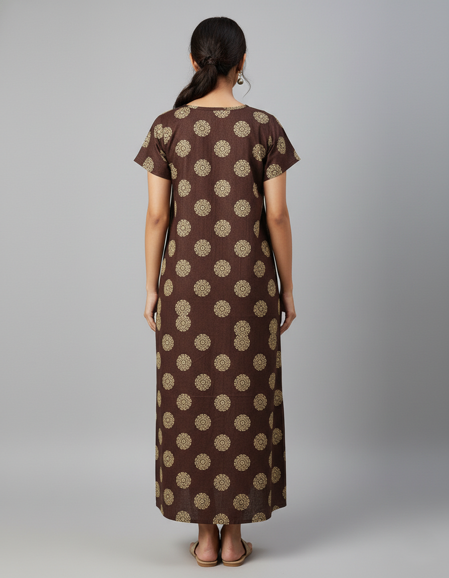 Daily Comfort Ankle-Length Cotton Nighty – Brown Floral Print 3