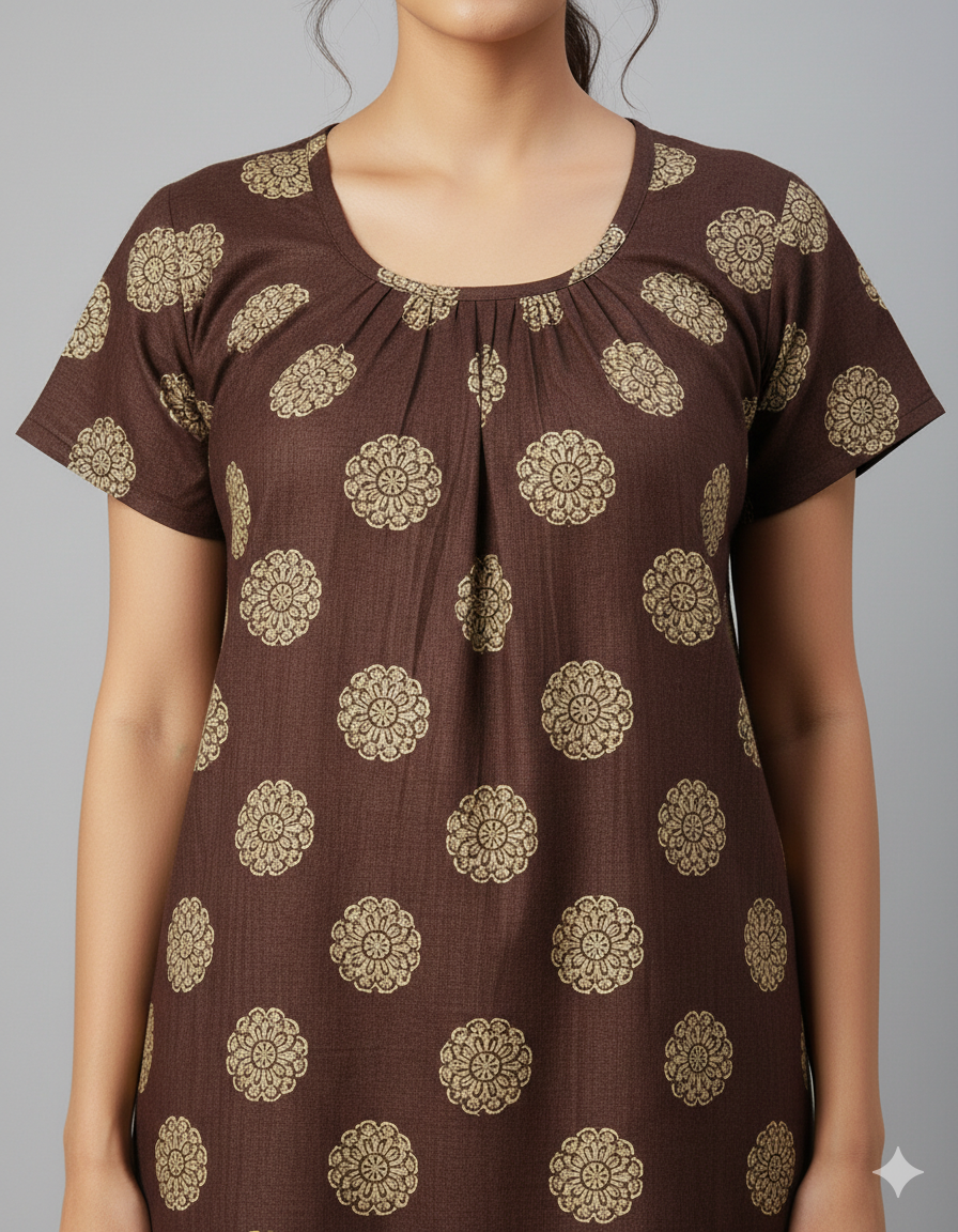 Daily Comfort Ankle-Length Cotton Nighty – Brown Floral Print 3