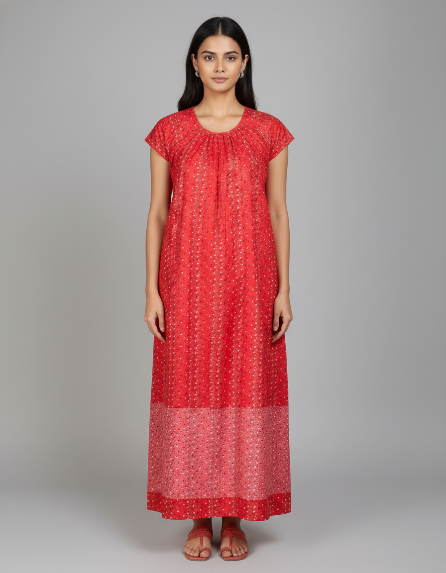 Daily Comfort Ankle-Length Cotton Nighty – Red Floral Print 33