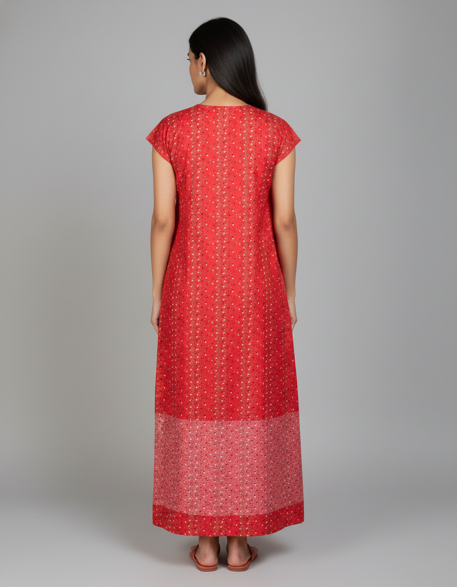 Daily Comfort Ankle-Length Cotton Nighty – Red Floral Print 33