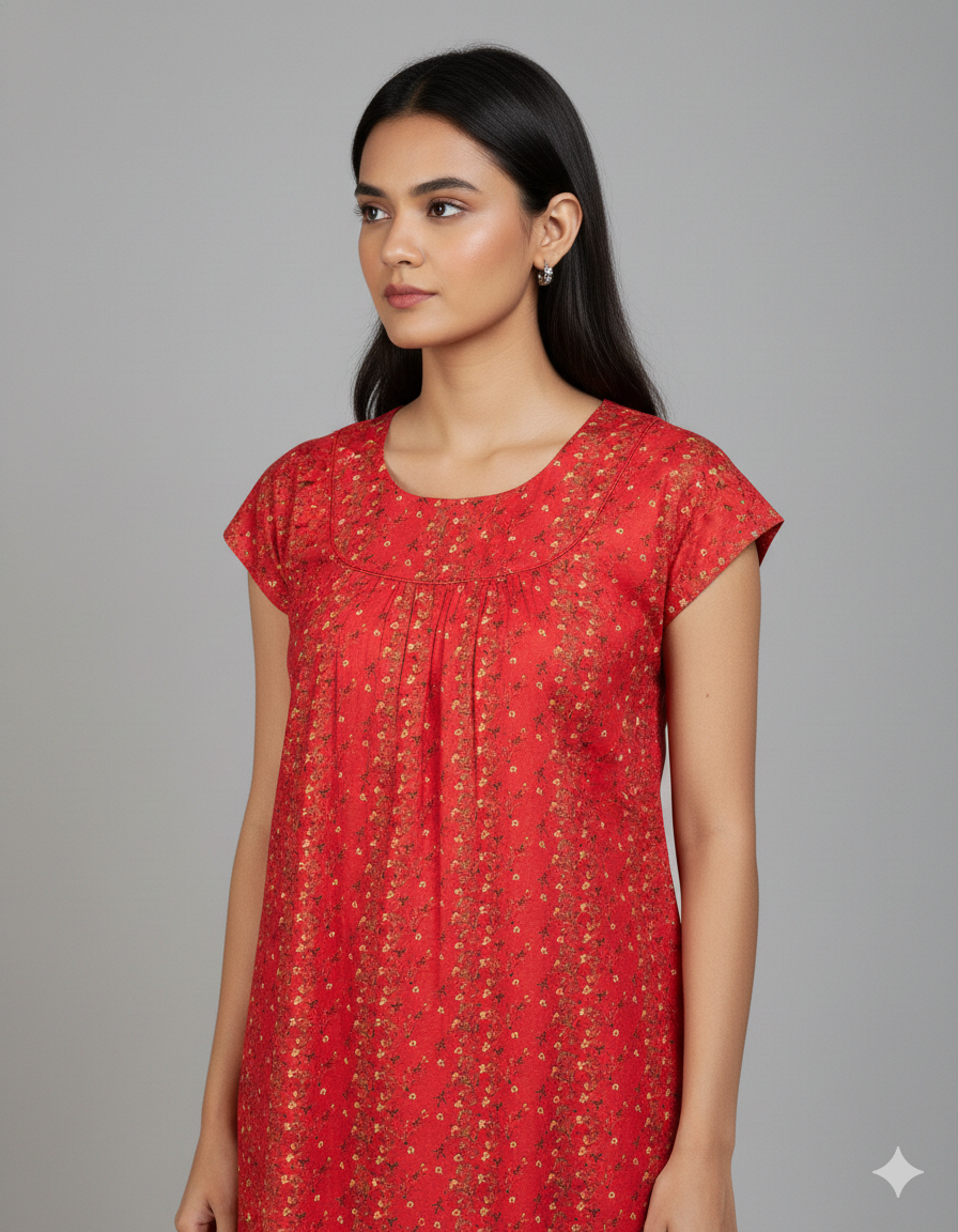 Daily Comfort Ankle-Length Cotton Nighty – Red Floral Print 33