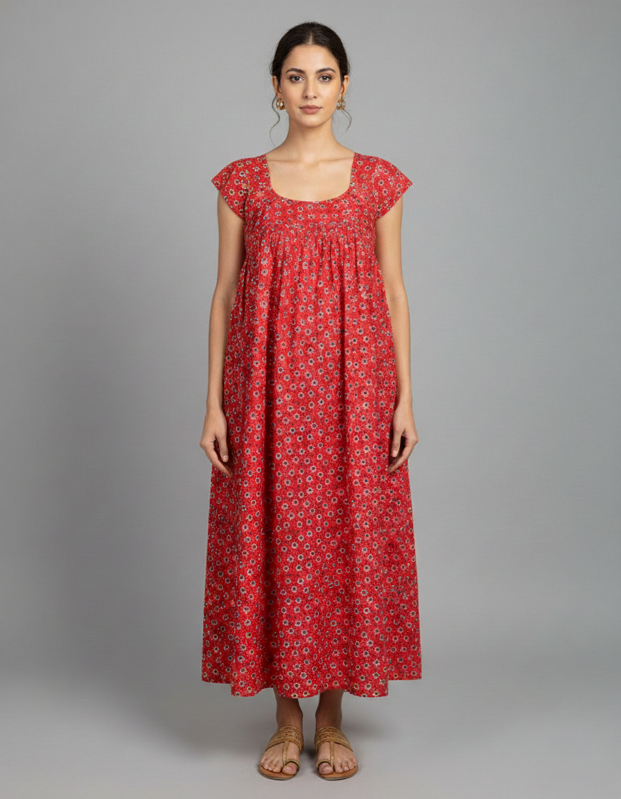 Daily Comfort Ankle-Length Cotton Nighty – Red Floral Print 34